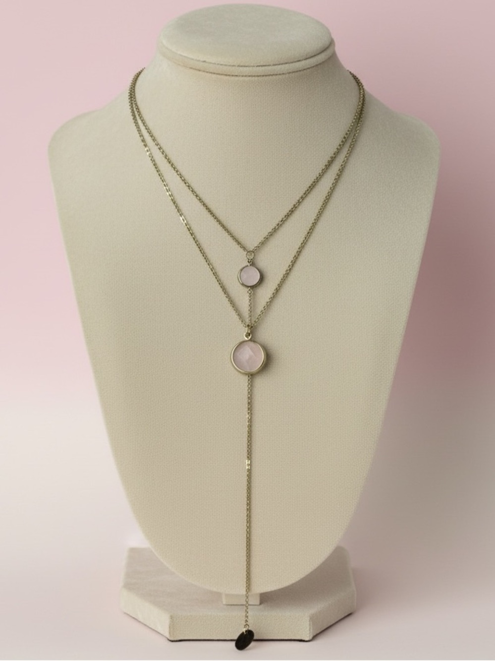 Gold 2 Layered Necklace with Pink Stone Drops